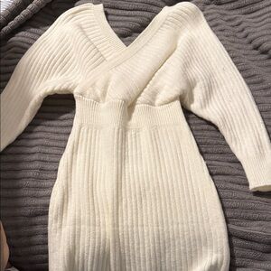 Cream Ribbed Knit Sweater Dress